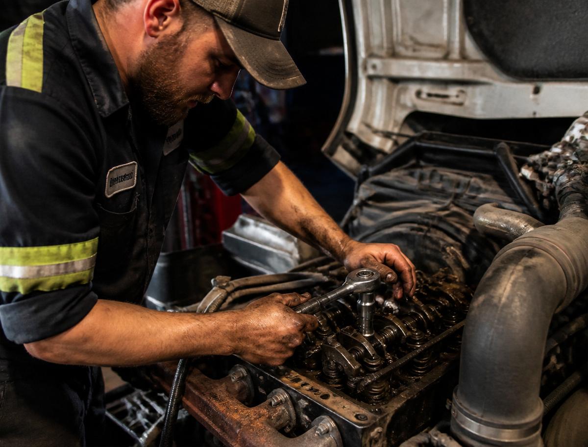 Atlas technician torquing a heavy-duty diesel engine head